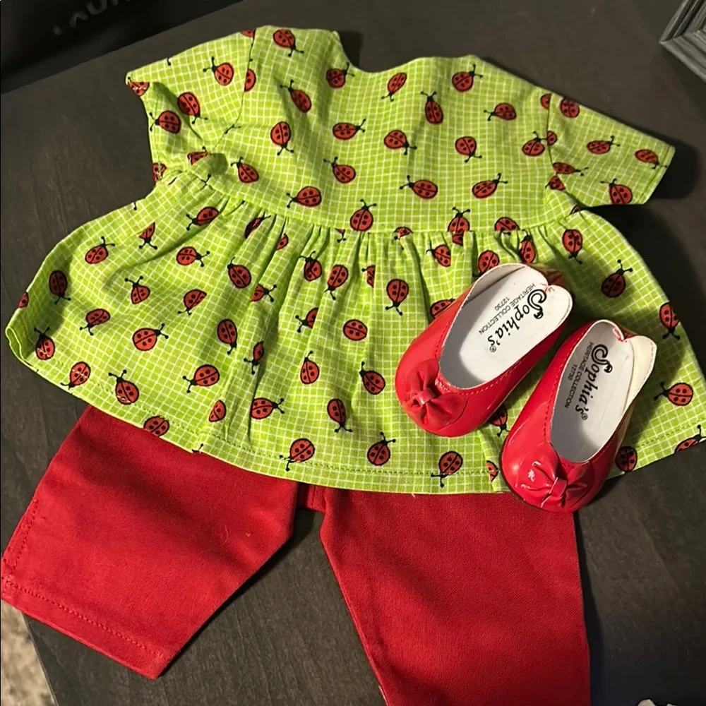 18” Doll-Handmade Green Ladybug Print Top, Cropped Red Pants and added Red Shoes
